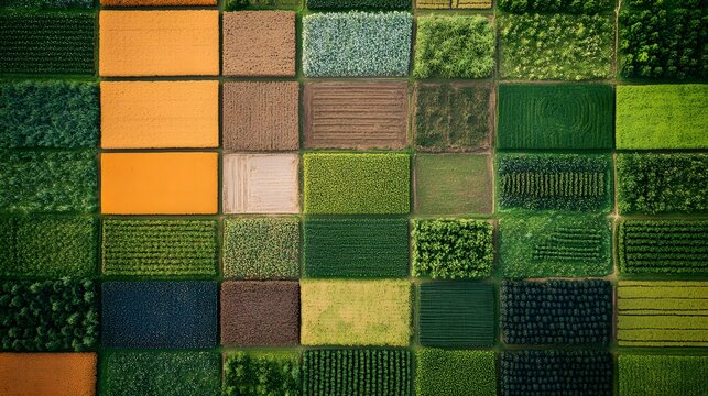 14. **An aerial view of a patchwork of different crops on farmland.