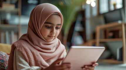 Young Muslim girl wearing a hijab, using a tablet to study for her final exams,