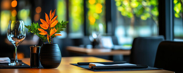 Obraz premium Elegant restaurant setting with a stylish table, adorned with a flower vase, creating a warm and inviting ambiance for dining.