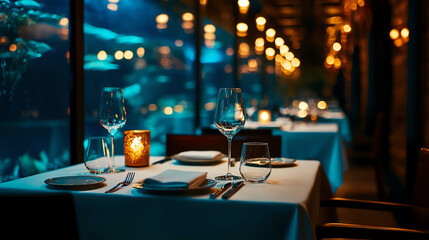 Elegant restaurant setting with ambient lighting, perfect for romantic dinners and special occasions, highlighted by underwater views.