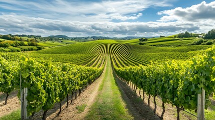 147. **A view of a vineyard with neat rows of grapevines and ripe grapes.