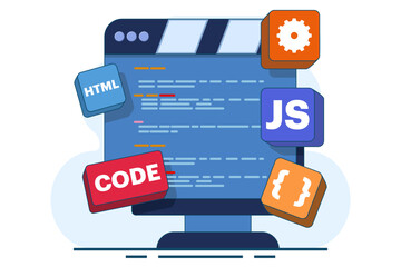 Computer programming concept, Java, HTML symbols, web design, software, application design, programming language, development, website. Flat vector illustration on background.