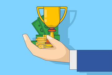 Awarding concept. hand holding a prize to be awarded. Recognition, bonus, award. Trophy, medal, money in hand. best achievement. winning the competition. Flat design vector illustration.