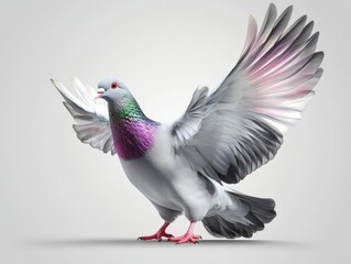 Obraz premium A vibrant pigeon with colorful feathers, beautifully spreading its wings against a minimalist background.