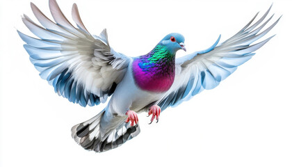 Obraz premium A colorful pigeon in flight, showcasing vibrant feathers and graceful wings against a pure white background.