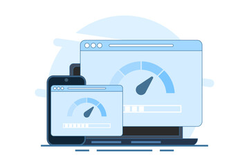 Internet speed concept. Smartphone, laptop and computer with internet connection speed test on screen, internet download speed and network performance on flat web page illustration.