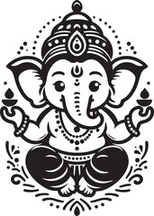 Indian God Ganapati Simple 2D Cute Single Characters with Silhouette Black and White Line Art with Low Details, Indian festival Ganesh Chaturthi black and White Lord Ganesh Character 