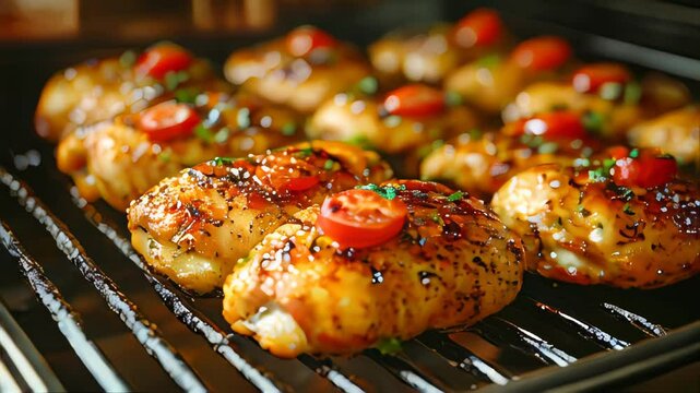 Close-up of deliciously grilled chicken thighs with a golden crust, garnished with herbs and roasted garlic in a baking tray