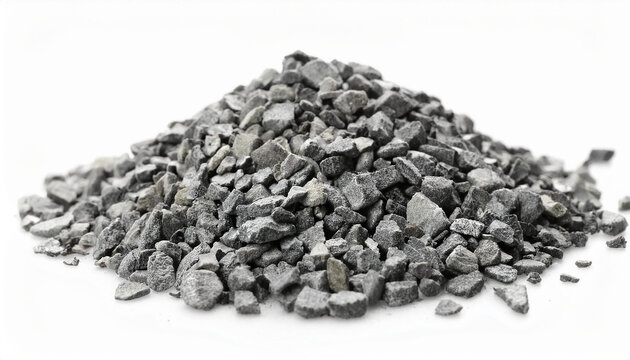 Pile of crushed stones isolated on white backdrop. Natural material.