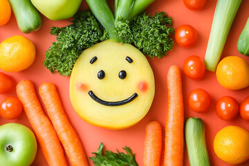 Different fruits and vegetables foods in plates. Creative food for children