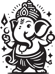 Indian God Ganapati Simple 2D Cute Single Characters with Silhouette Black and White Line Art with Low Details, Indian festival Ganesh Chaturthi black and White Lord Ganesh Character 