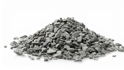 Pile of crushed stones isolated on white backdrop. Natural material.