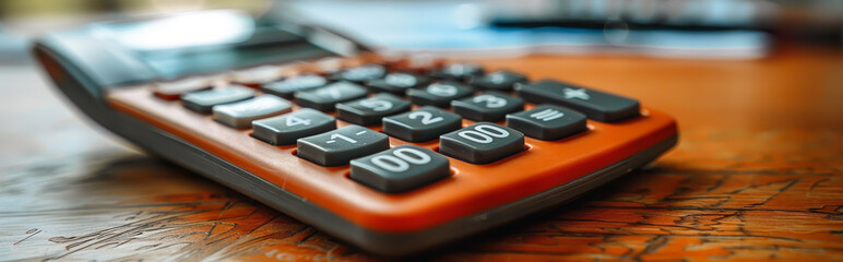 Obraz premium Close-Up of Orange Calculator on Wooden Desk with Blurred Background