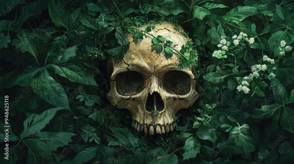 Canvas Prints Human Skull Partially Submerged in Lush Green Foliage