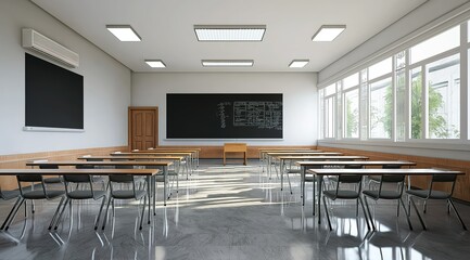 A photo of an empty classroom with desks and chairs arranged...