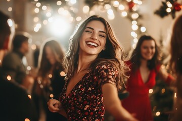 Joyful woman dancing at festive Christmas party