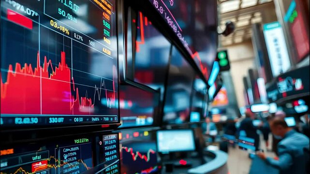Close-up of the stock market monitor displaying fluctuating red graphs, with a blurred background of a busy trading floor, capturing the energy and intensity of the financial environment.