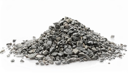 Pile of crushed stones isolated on white backdrop. Natural material.