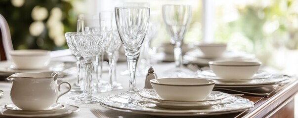 Elegant table setting with glassware, plates, and ceramic bowls in a bright dining room, ready for a formal gathering or special occasion.