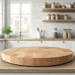 Empty beautiful round wood tabletop counter on interior in clean and bright kitchen background, Ready for display, Banner, for product montage .generative ai