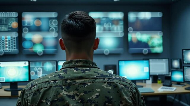 A soldier monitors advanced technology in a high-tech military operations center during a mission briefing at night
