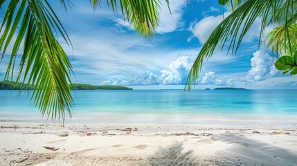 Tropical beach with palm trees and blue sky.