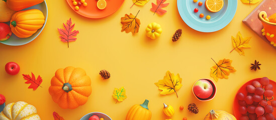 Playful yellow Thanksgiving flatlay with cartoon turkey, colorful wishes, and autumn decor
