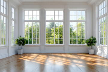 Fototapeta premium Empty High Ceiling Room with White Big Windows, Wooden Floor and White Walls interior design mock up