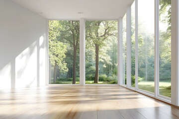 Fototapeta premium Empty High Ceiling Room with White Big Windows, Wooden Floor and White Walls interior design mock up