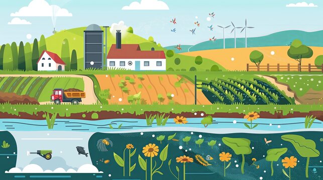concept illustration in simple flat style, A farm scene with crops being sprayed by large amounts of fertilizers and pesticides, with polluted runoff flowing into a nearby river,