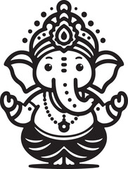 Indian God Ganapati Simple 2D Cute Single Characters with Silhouette Black and White Line Art with Low Details, Indian festival Ganesh Chaturthi black and White Lord Ganesh Character 