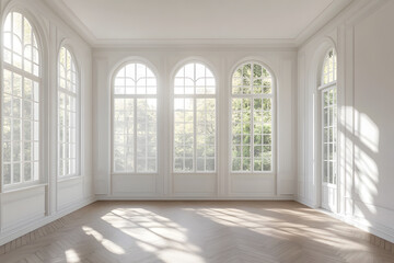 Fototapeta premium Empty High Ceiling Room with White Big Windows, Wooden Floor and White Walls interior design mock up