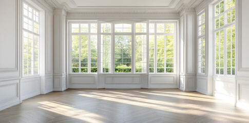 Obraz premium Empty High Ceiling Room with White Big Windows, Wooden Floor and White Walls interior design mock up