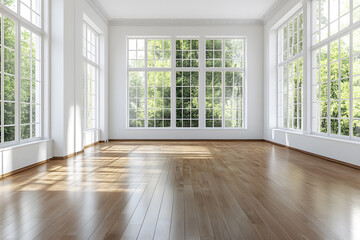 Fototapeta premium Empty High Ceiling Room with White Big Windows, Wooden Floor and White Walls interior design mock up
