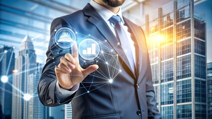 Businessman Touching Digital Growth Chart Background Stock Image High-Resolution HD Visual Concept Template Professional Graphic Modern Technology Photo Innovation Style Artistic