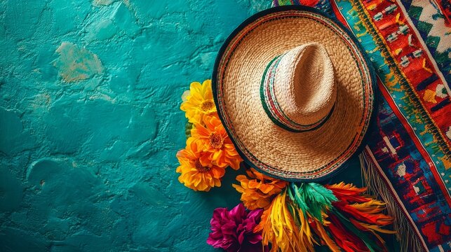 Vibrant Mexican Sombrero and Floral Arrangement on Textured Backdrop