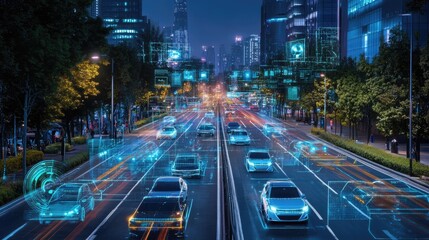 Obraz premium A futuristic cityscape featuring autonomous vehicles and smart transportation systems, highlighting innovation in urban mobility.
