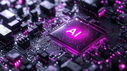 3D illustration of the chip with holographic text "AI" floating above it, with a red color scheme