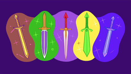 Game sword icon set, vector cartoon medieval weapon kit, fantasy knight knife isolated collection