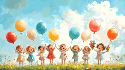 A group of children holding balloons and smiling after receiving toys, with a clear sky and space for text. Art style: Playful, vibrant colors, outdoor setting