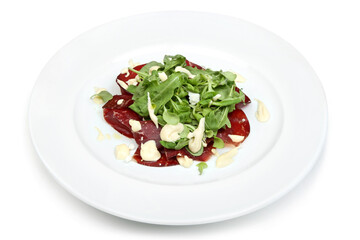 Arugula Salad with Horse Meat and Mayonnaise on White Plate
