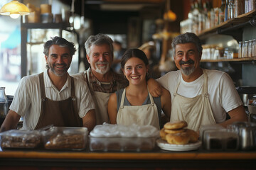 Cheerful Coffee Shop Team Posing Behind Counter with Pastries