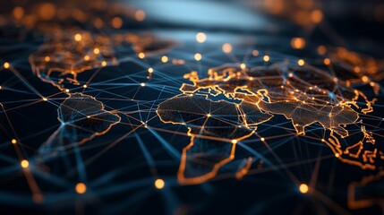 Obraz premium A digital global network map featuring interconnected nodes and countries, highlighting the concept of connectivity and technology.