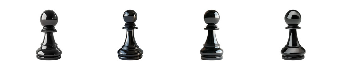 Set of four isolated black chess pawns in different angles isolated on transparent background