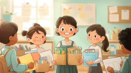 A group of children receiving school supplies from a smiling teacher, with a space above them for a title. Art style: Whimsical, pastel colors, classroom setting