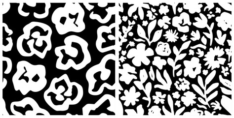Ink Brush Black Flower Pattern. Abstract Paint Floral Illustration. Pictorial Bold Botanical Summer Background. Wild Cute Flower Wallpaper. Vector Vintage Floral Print. Daisy, Chamomile Silhouette