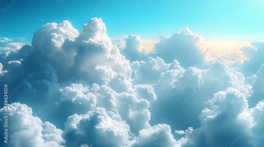 Poster the sky is filled with fluffy white clouds, creating a serene