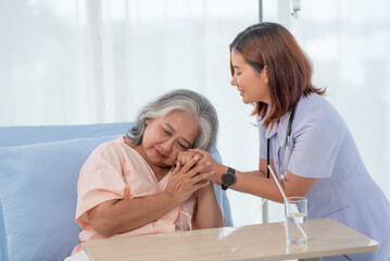 Obraz premium Asian female home nursing holding hand of older lady on the bed and encouraging patient