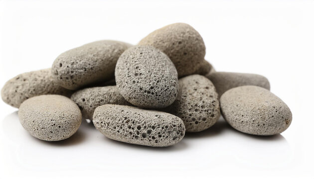 Pile of pumice stones isolated on white backdrop. Natural material.