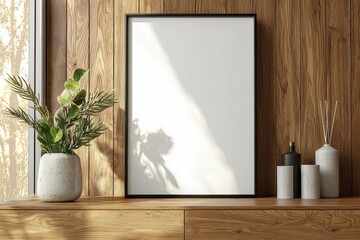 Poster Frame Mockup on Wooden Interior Background created with Generative AI